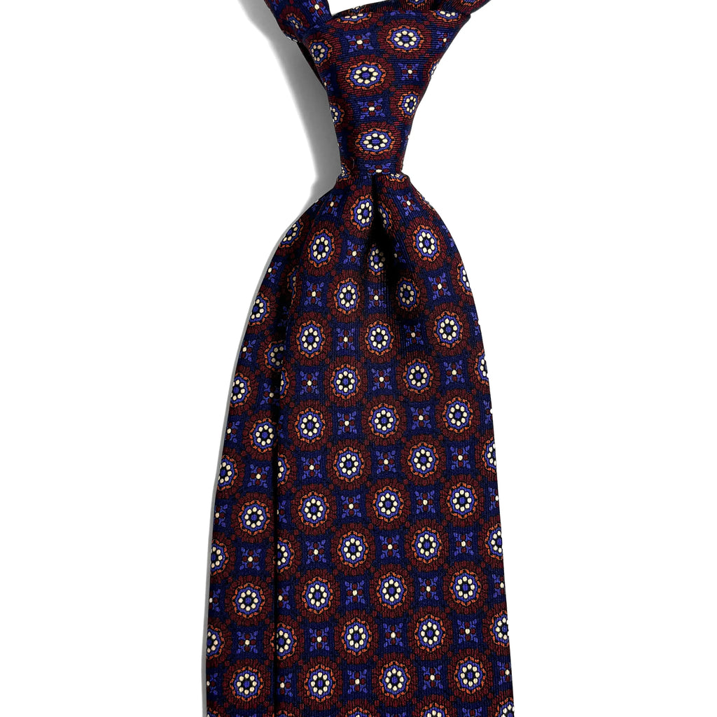 Hand-Printed Navy Blue & Burgundy Geometric Ancient Madder Silk Tie Potomac Tie Company