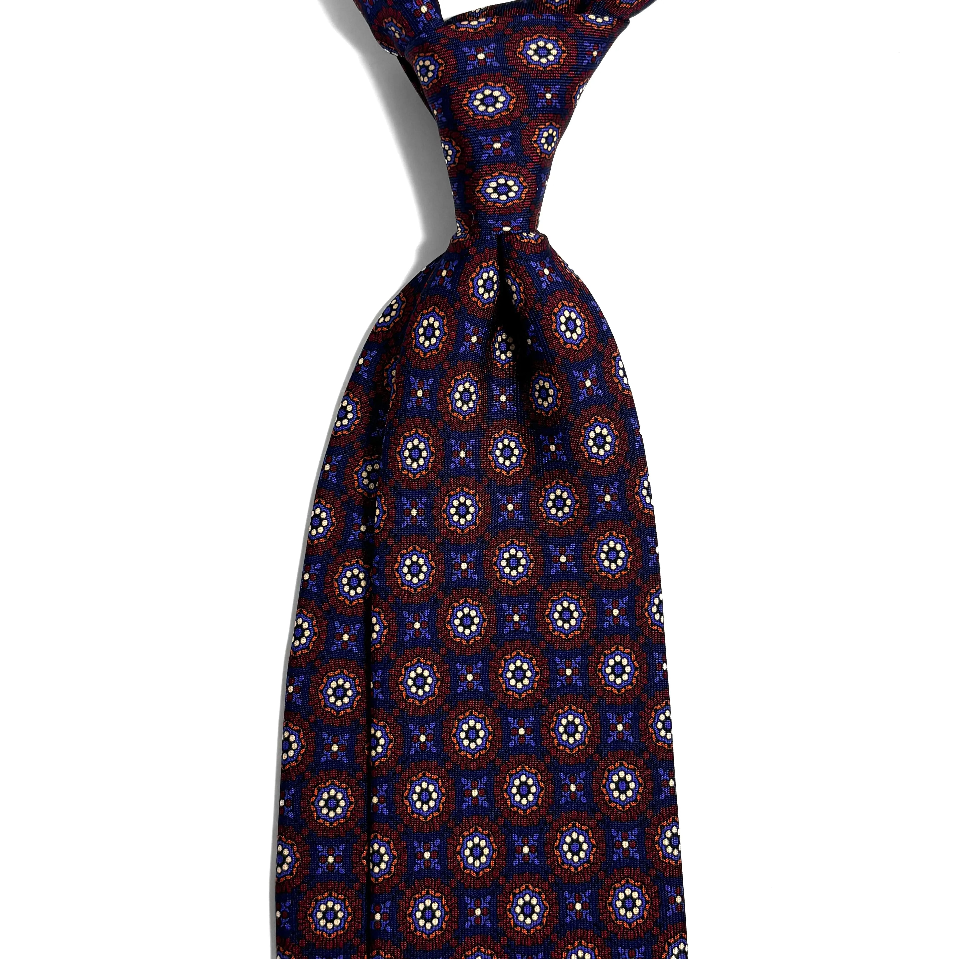 Hand-Printed Navy Blue & Burgundy Geometric Ancient Madder Silk Tie Potomac Tie Company