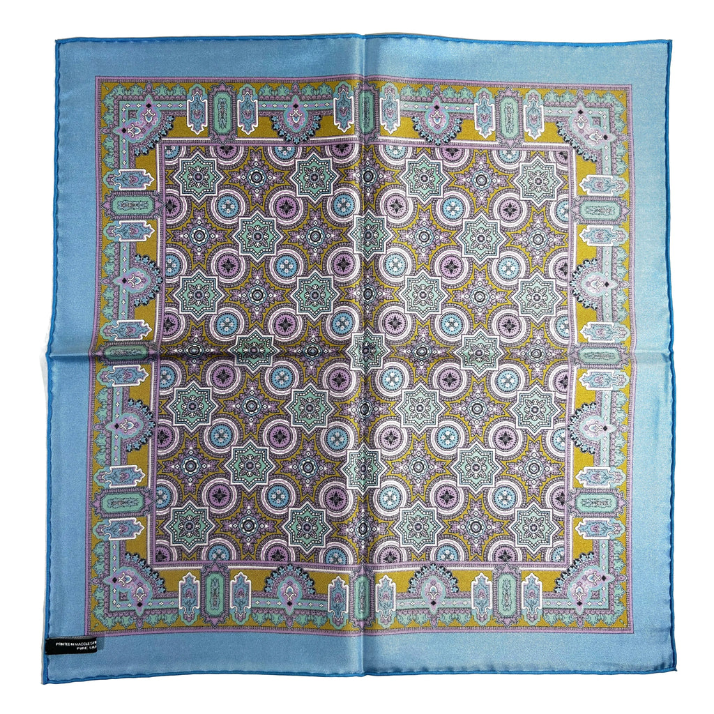 Light Blue & Gold Geometric Silk Pocket Square Potomac Tie Company