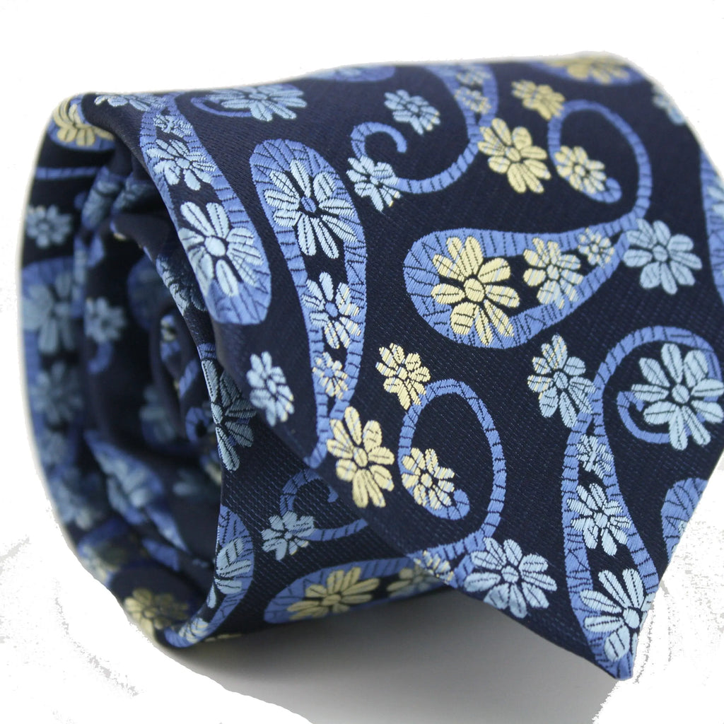 Mens Dads Classic Navy Floral Pattern Business Casual Necktie & Hanky Set DF-5 Ferrecci USA