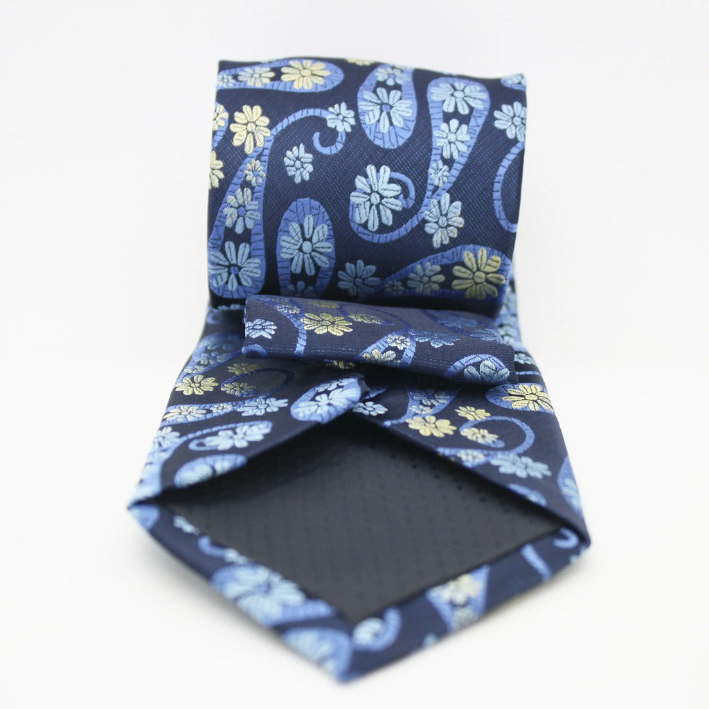 Mens Dads Classic Navy Floral Pattern Business Casual Necktie & Hanky Set DF-5 Ferrecci USA