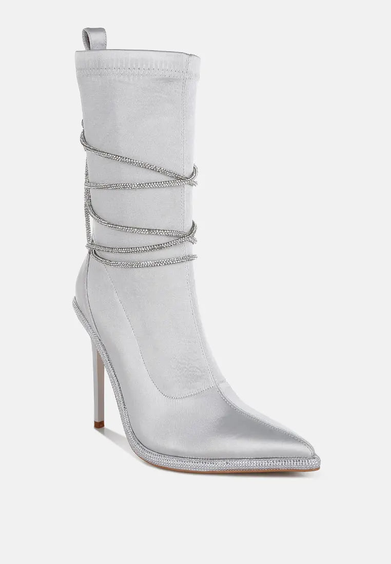 Dacia Rhinestones Strap Satin Calf Boots London Rag