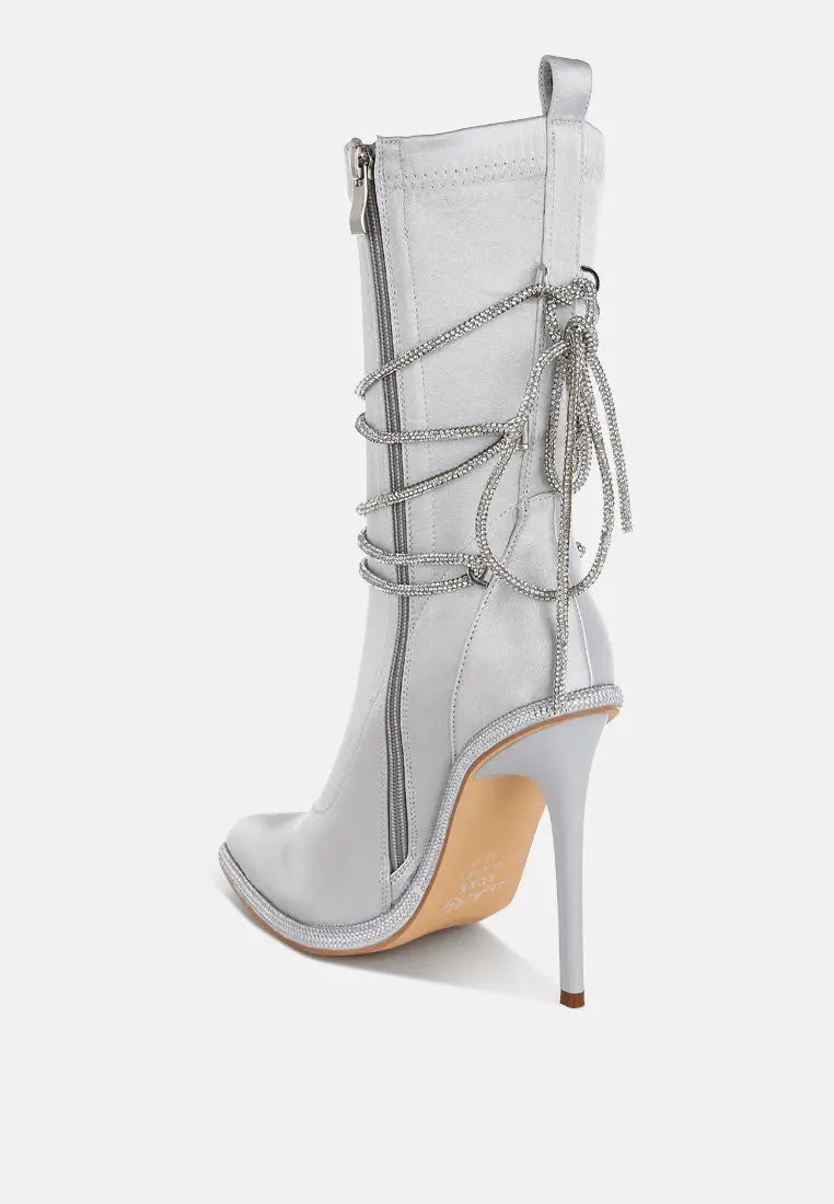 Dacia Rhinestones Strap Satin Calf Boots London Rag