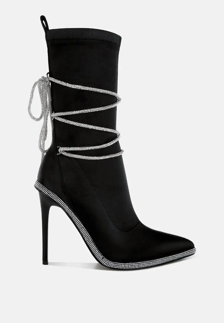 Dacia Rhinestones Strap Satin Calf Boots London Rag