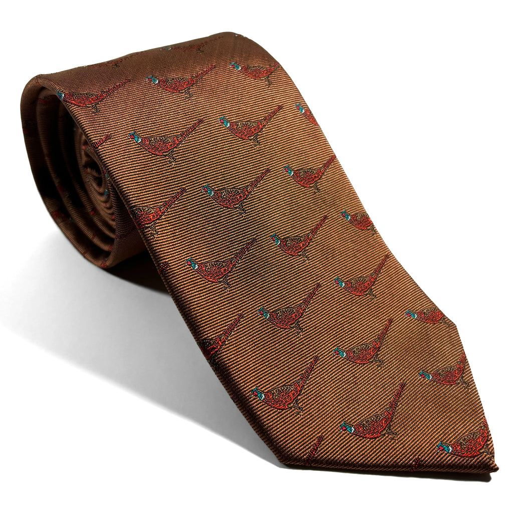 Brown Pheasant Motif Silk Jacquard Tie Potomac Tie Company