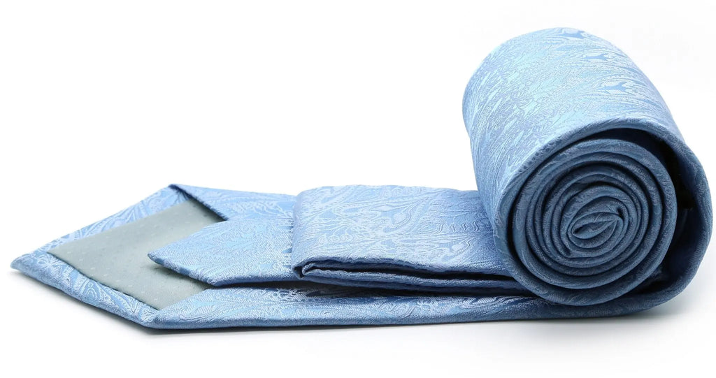Mens Dads Classic Blue Paisley Pattern Business Casual Necktie & Hanky Set GO-9 Ferrecci USA