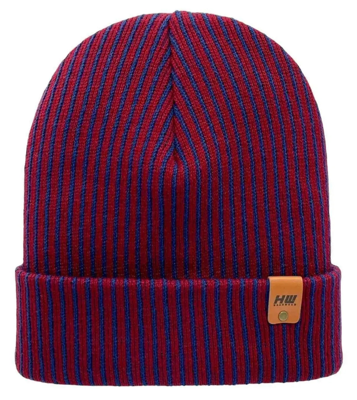 Cuffed Wide Ribbed Striped Beanie, Contrast, Blue and Maroon, Classic Beanie Haakwear