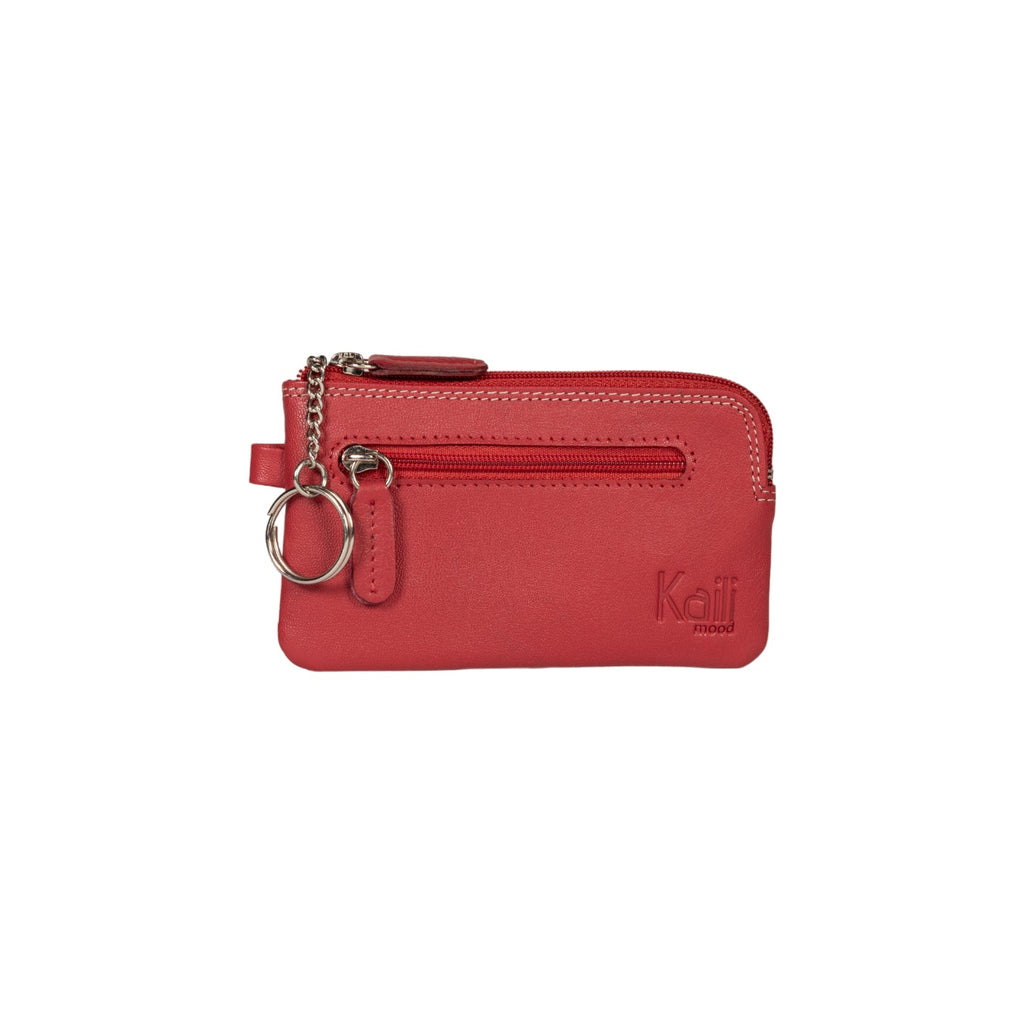 K10218VB | Genuine Leather Keychain/Money Holder Col.Red. Shiny nickel accessories zipper closure. Dimensions: 12 x 7 x 0.5 cm. Packaging: hard bottom/cover Gift Box