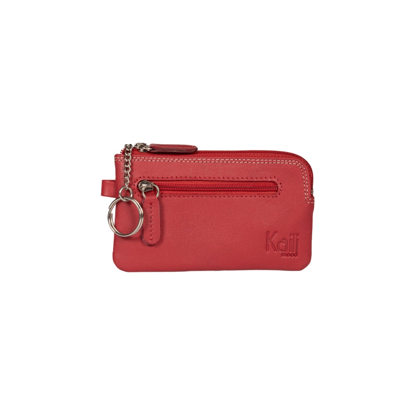 K10218VB | Genuine Leather Keychain/Money Holder Col.Red. Shiny nickel accessories zipper closure. Dimensions: 12 x 7 x 0.5 cm. Packaging: hard bottom/cover Gift Box