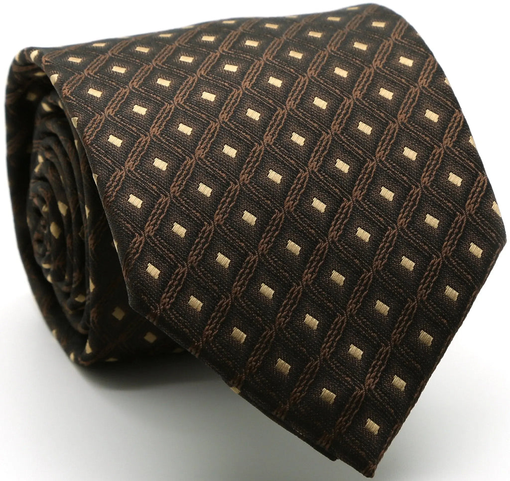 Mens Dads Classic Brown Geometric Pattern Business Casual Necktie & Hanky Set KO-9 Ferrecci USA