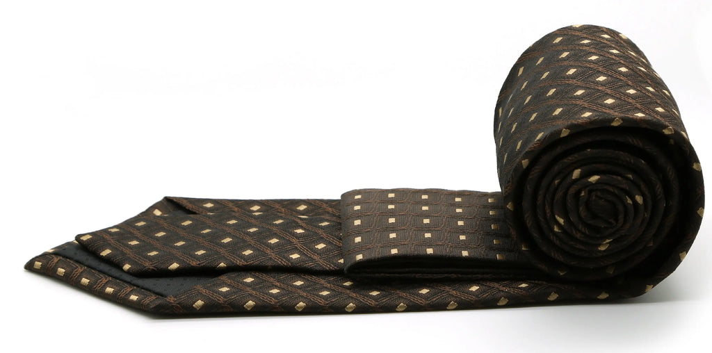 Mens Dads Classic Brown Geometric Pattern Business Casual Necktie & Hanky Set KO-9 Ferrecci USA