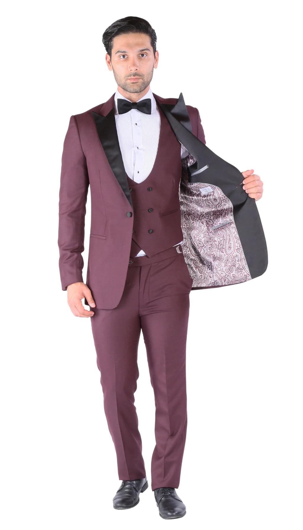 Luna 3pc Slim Fit Bugundy Peak Lapel Tuxedo Ferrecci