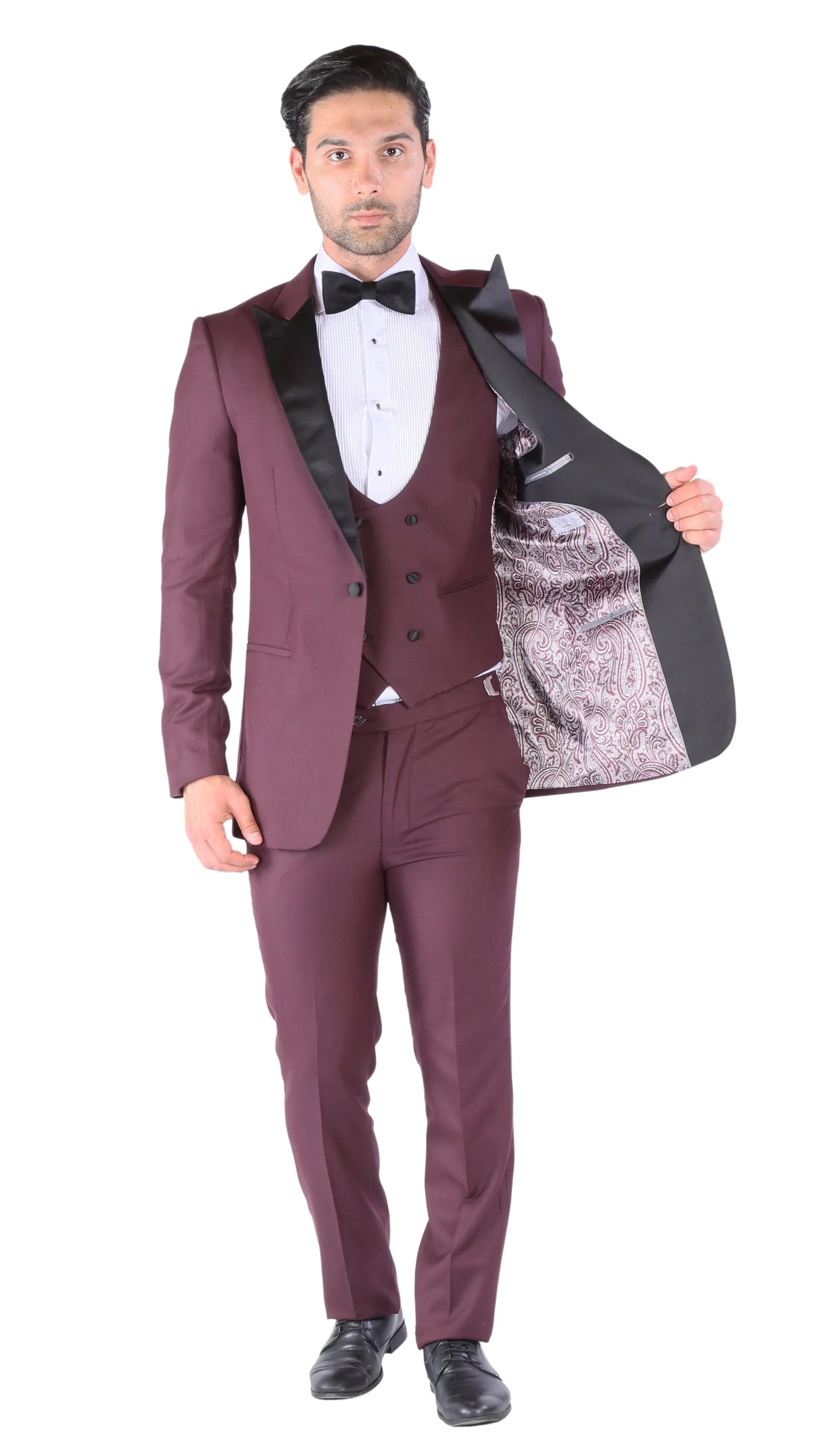 Luna 3pc Slim Fit Bugundy Peak Lapel Tuxedo Ferrecci