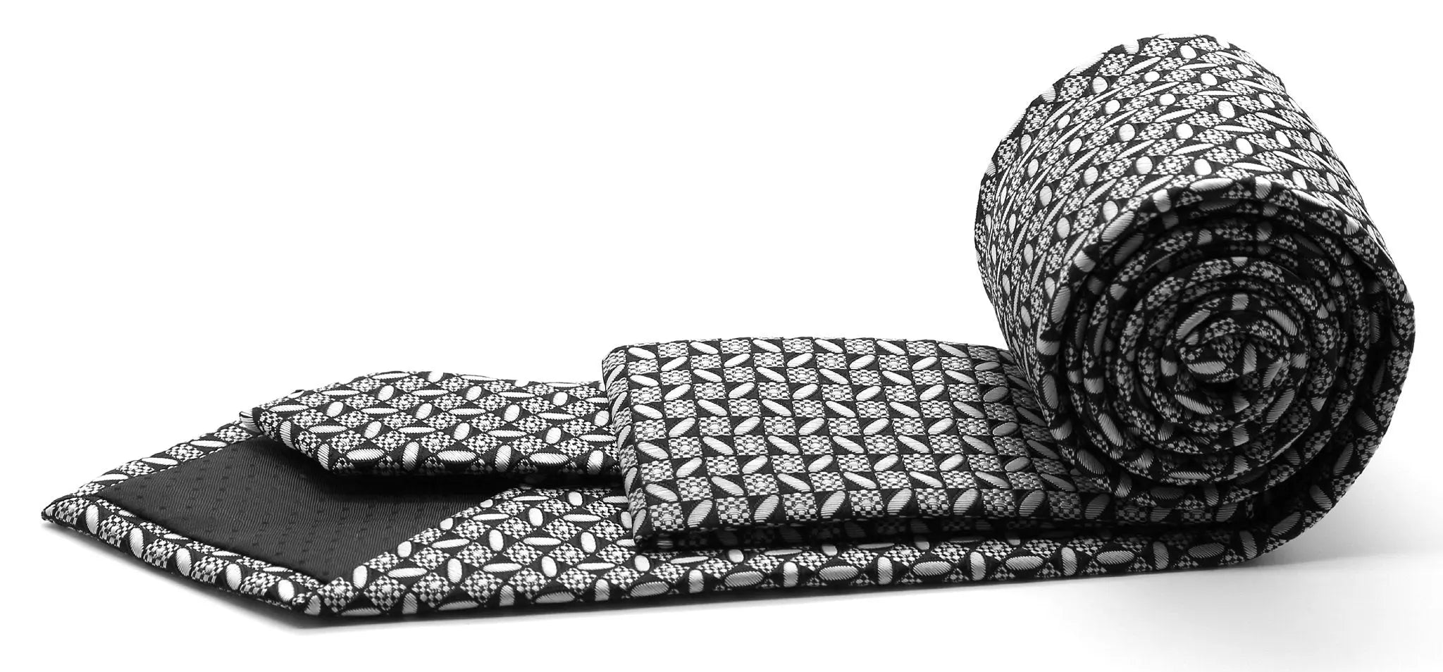 Mens Dads Classic Black Geometric Circle Pattern Business Casual Necktie & Hanky Set OO-1 Ferrecci USA