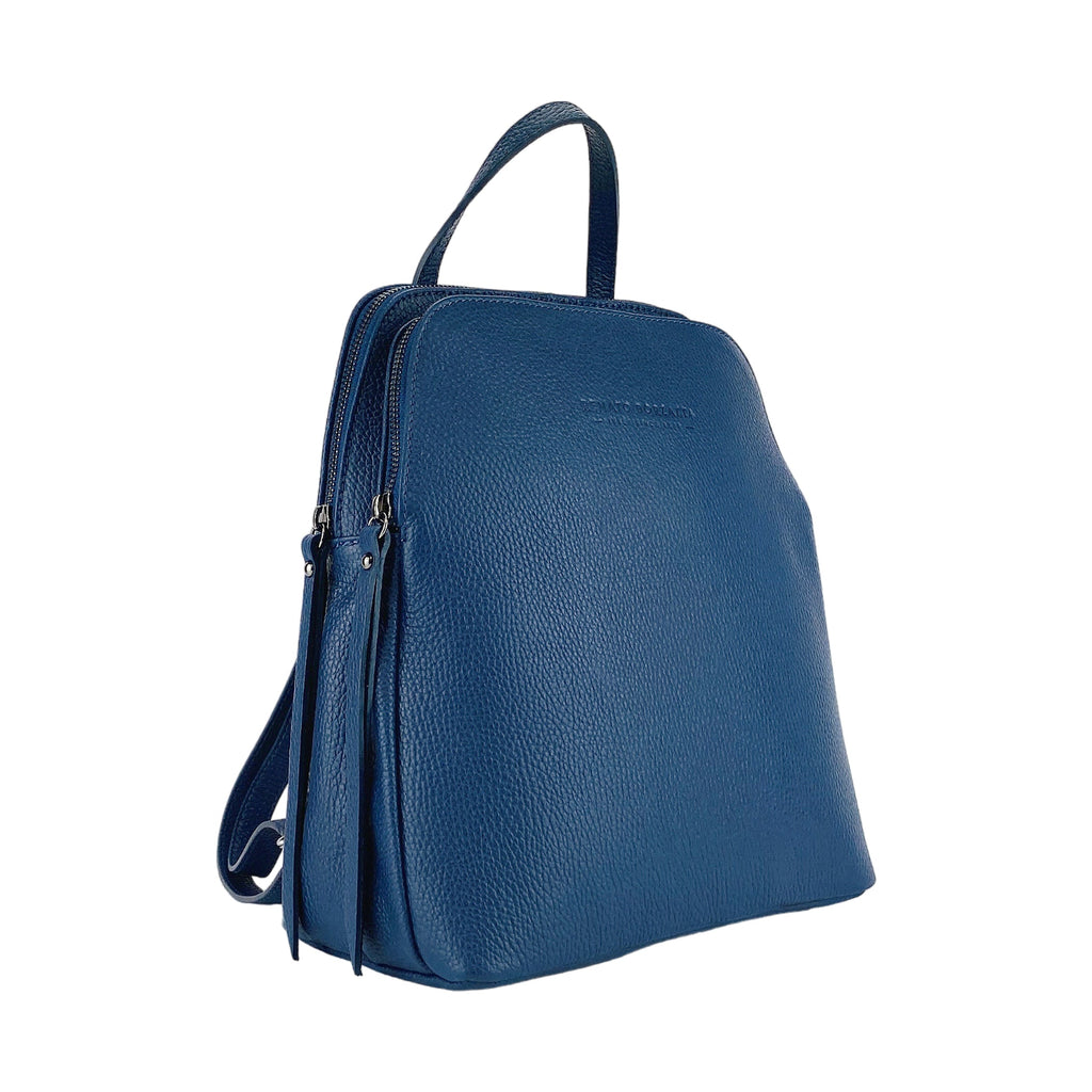 RB1018D | Women's Double Compartment Backpack in Genuine Leather Made in Italy with adjustable shoulder straps. Gunmetal metal hardware - Blue color - Dimensions: 26 x 30 x 14.5 cm.
