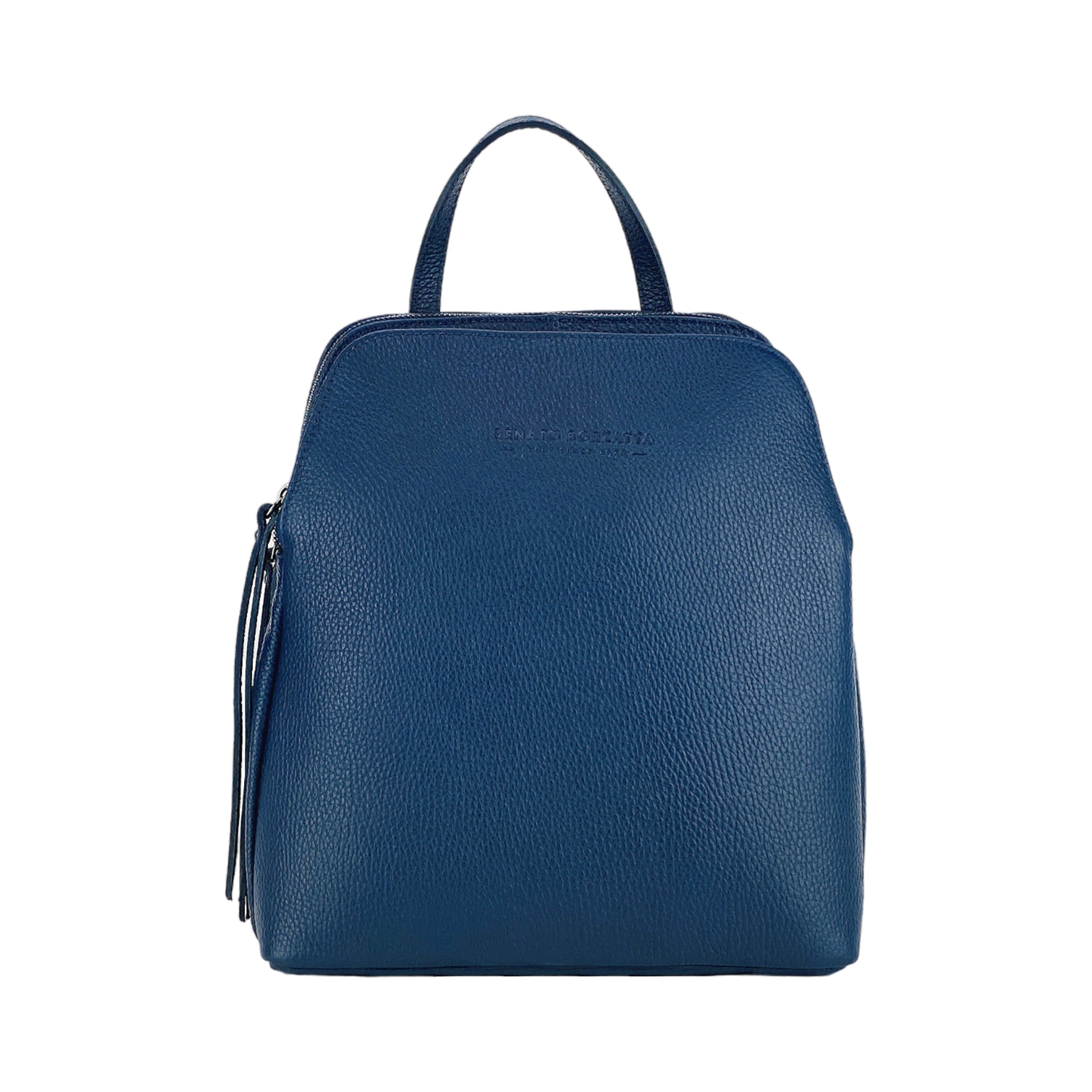 RB1018D | Women's Double Compartment Backpack in Genuine Leather Made in Italy with adjustable shoulder straps. Gunmetal metal hardware - Blue color - Dimensions: 26 x 30 x 14.5 cm.