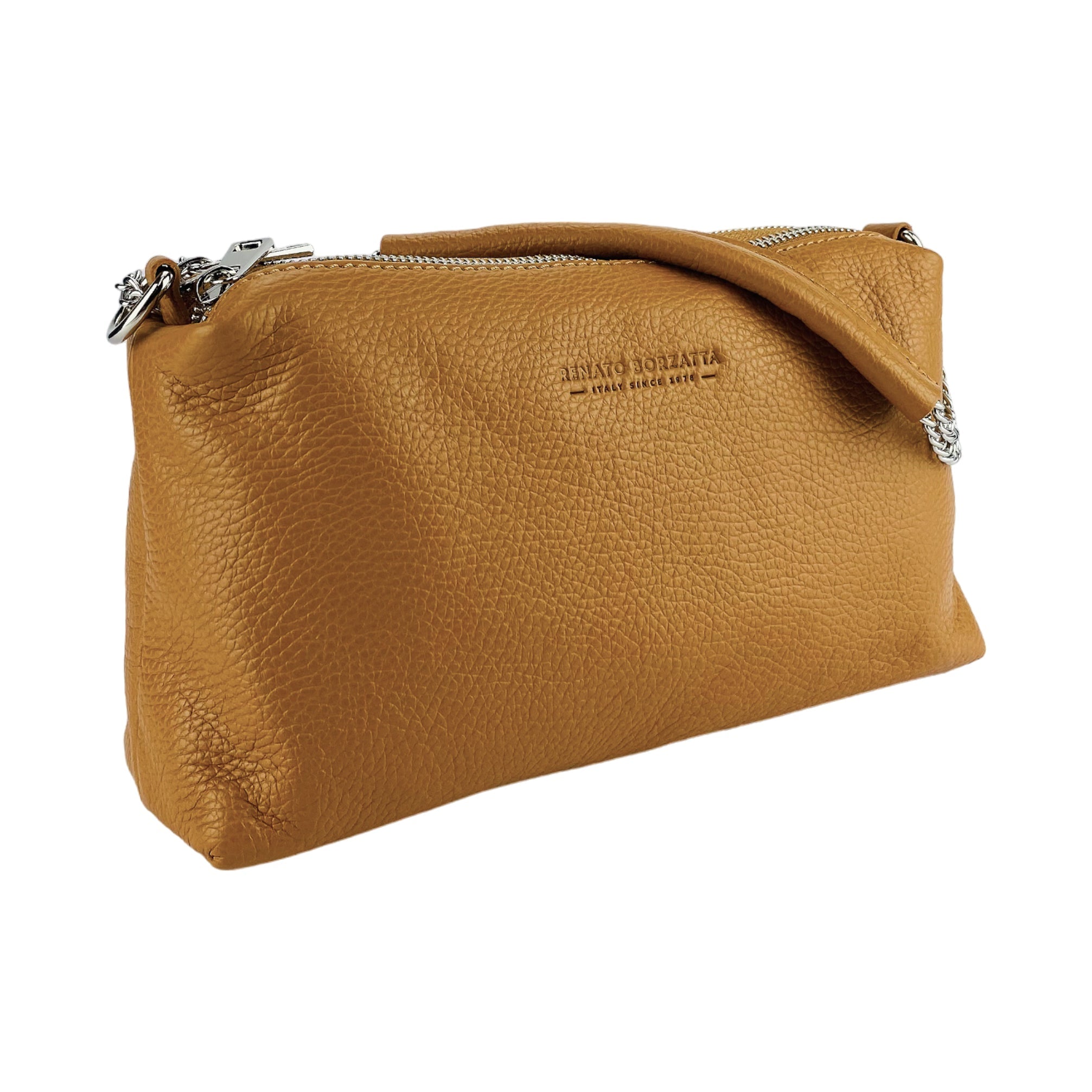 RB1025S | Women's Hand Bag with double zipper in Genuine Leather Made in Italy. Adjustable leather shoulder strap. Polished Nickel hardware - Cognac color - Dimensions: 26 x 14 x 9 cm.