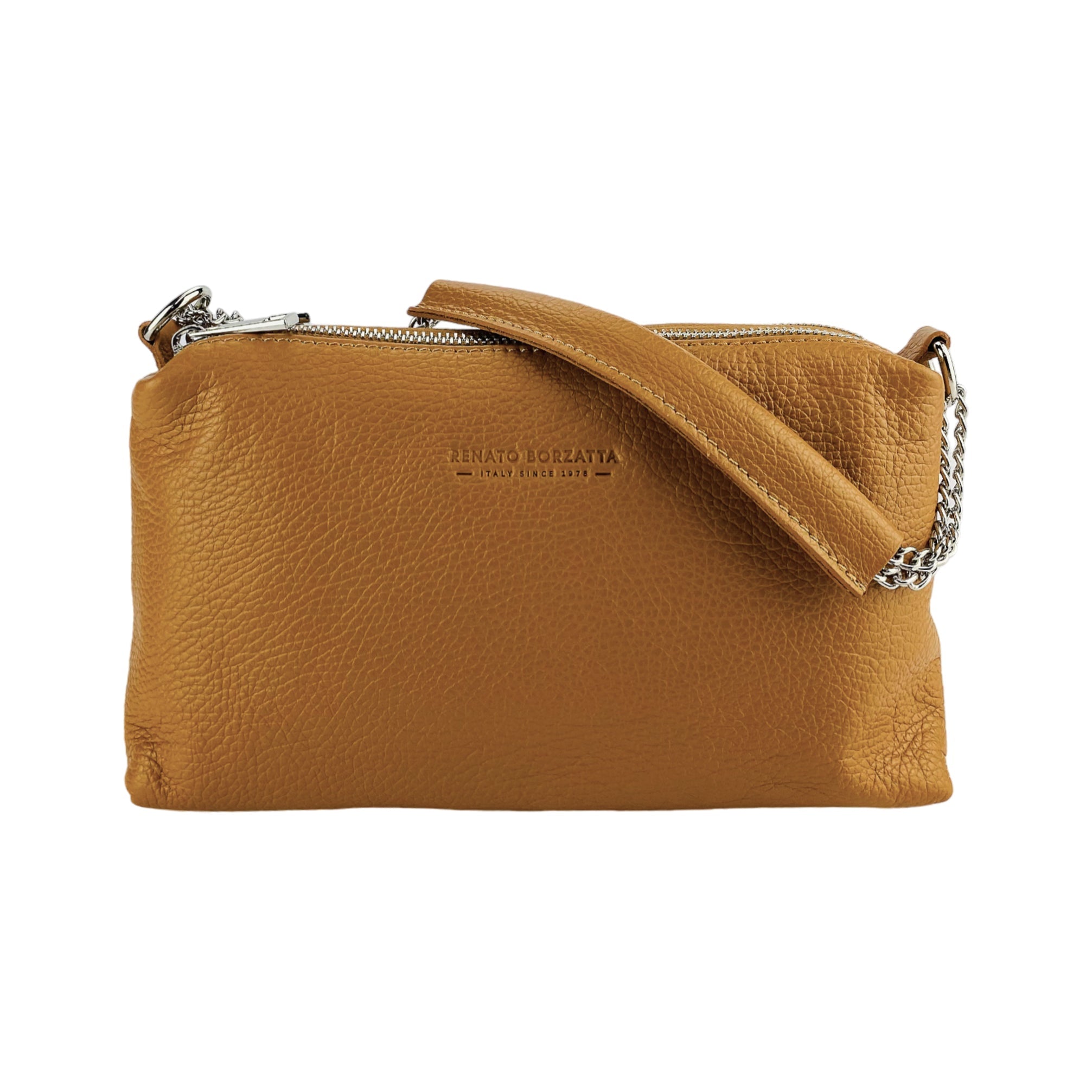 RB1025S | Women's Hand Bag with double zipper in Genuine Leather Made in Italy. Adjustable leather shoulder strap. Polished Nickel hardware - Cognac color - Dimensions: 26 x 14 x 9 cm.