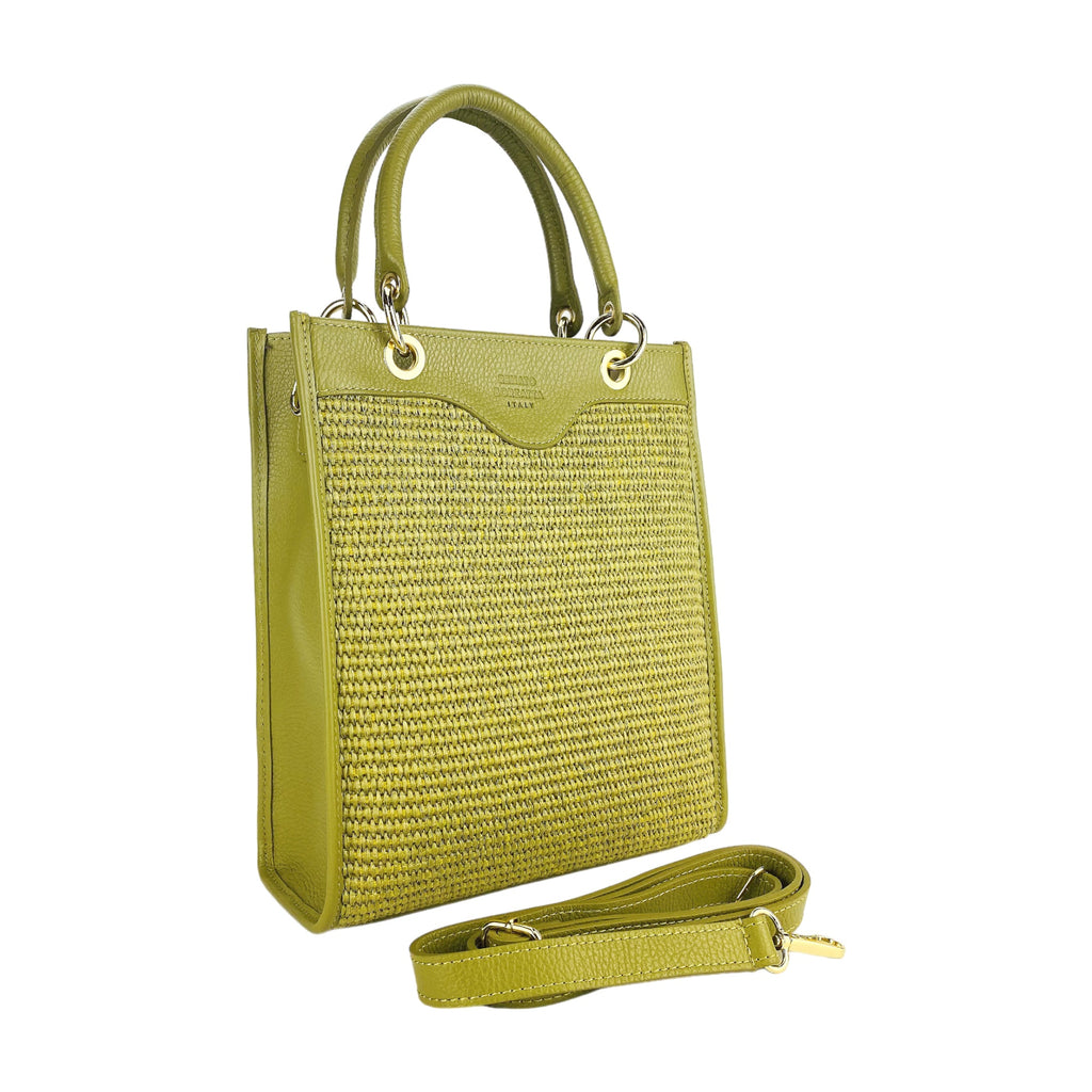 RB1026CM | Women's upright hand bag in Genuine Leather and Straw Made in Italy. Removable and adjustable leather shoulder strap. Shiny Gold accessories - Pistachio color - Dimensions: cm 24 x 29 x 9