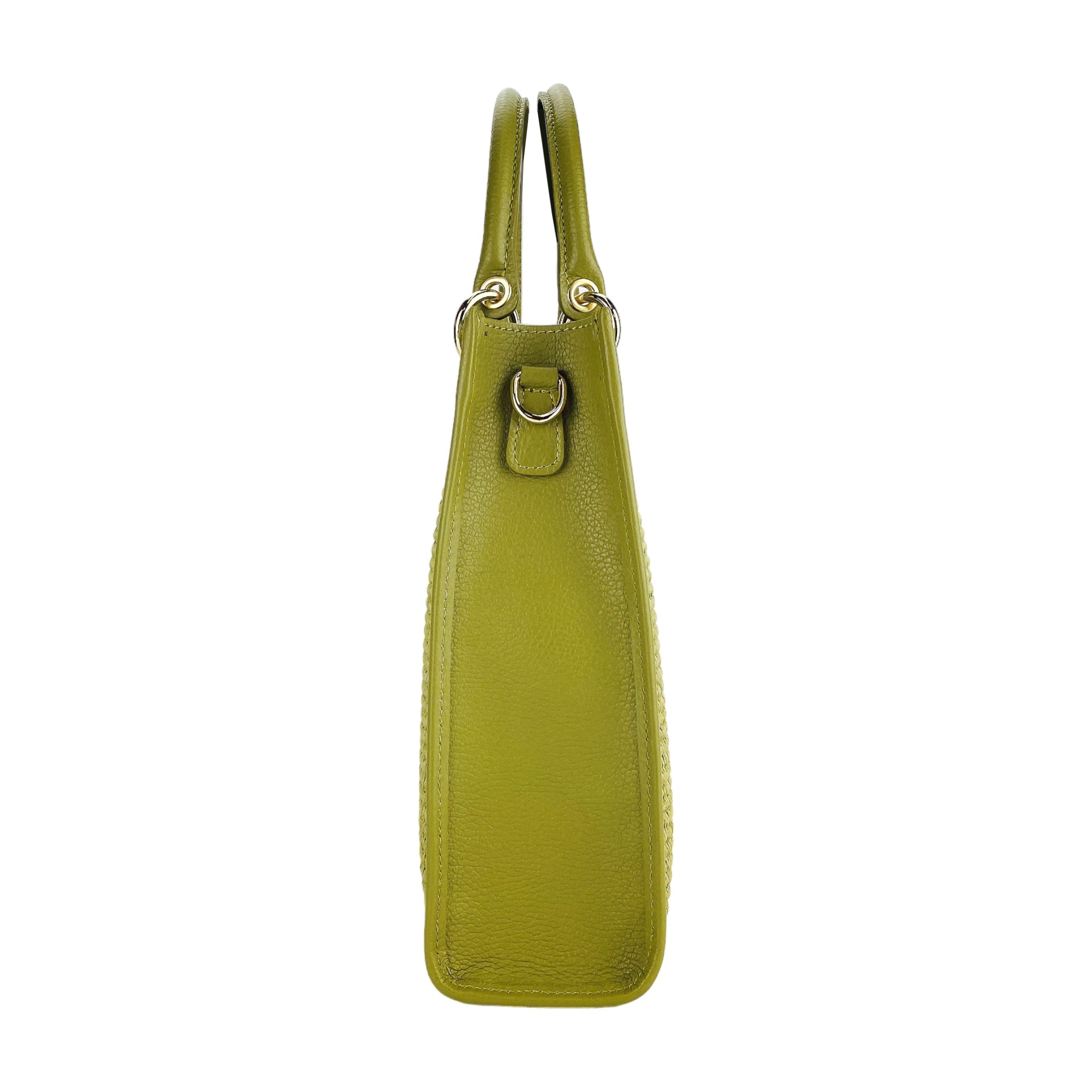 RB1026CM | Women's upright hand bag in Genuine Leather and Straw Made in Italy. Removable and adjustable leather shoulder strap. Shiny Gold accessories - Pistachio color - Dimensions: cm 24 x 29 x 9