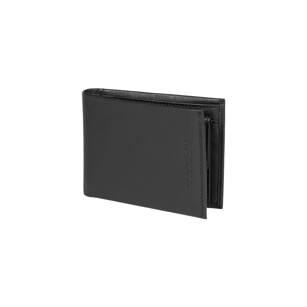 RB12003A | Men's folded wallet in genuine full-grain leather, with light grain. Black color. RFID protection. Size when closed: 12.5 x 9.5 x 2 cm. Packaging: gift box bottom/cover