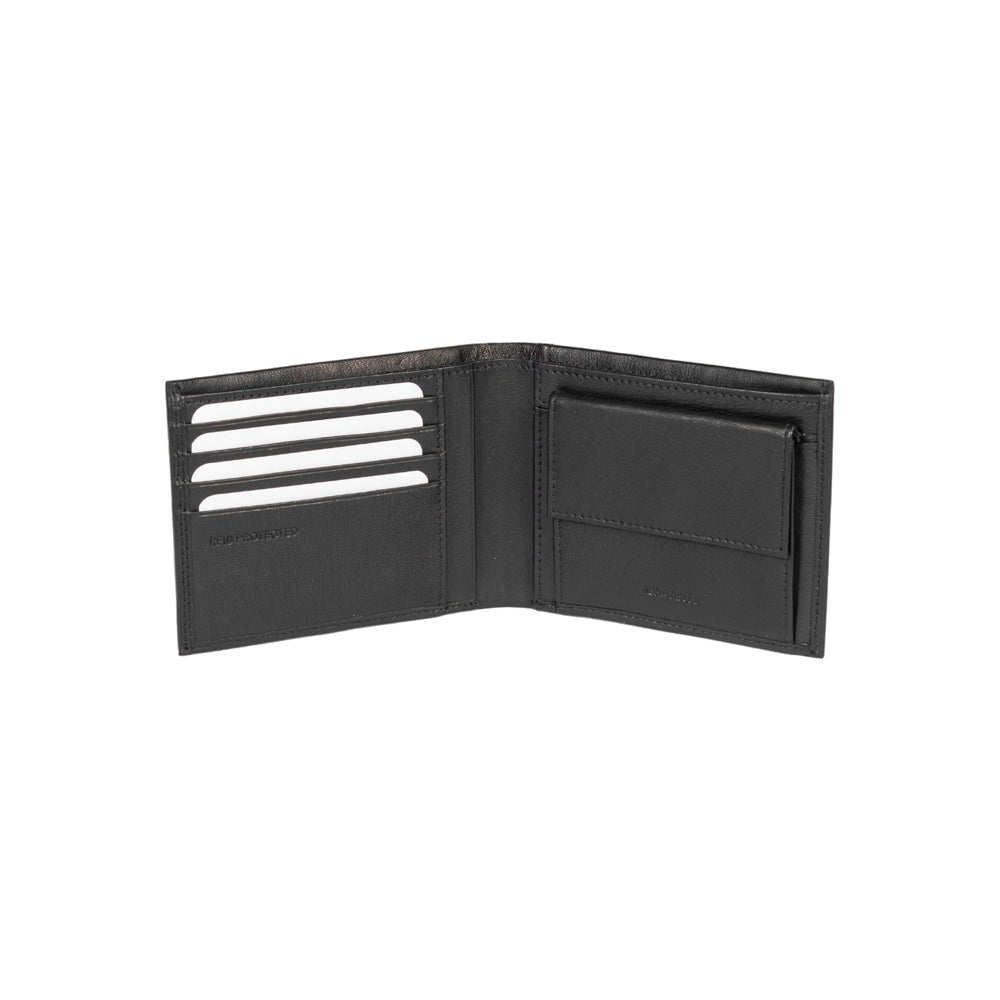 RB12003A | Men's folded wallet in genuine full-grain leather, with light grain. Black color. RFID protection. Size when closed: 12.5 x 9.5 x 2 cm. Packaging: gift box bottom/cover
