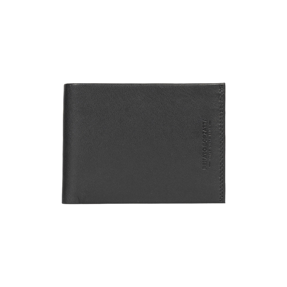 RB12003A | Men's folded wallet in genuine full-grain leather, with light grain. Black color. RFID protection. Size when closed: 12.5 x 9.5 x 2 cm. Packaging: gift box bottom/cover