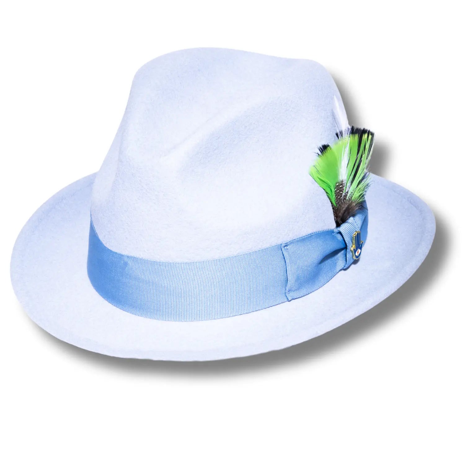 Ferrecci Brooks Trilby Soft 100% Australian Wool Felt Body with Removable Feather sky blue hat Great for Travel Ferrecci