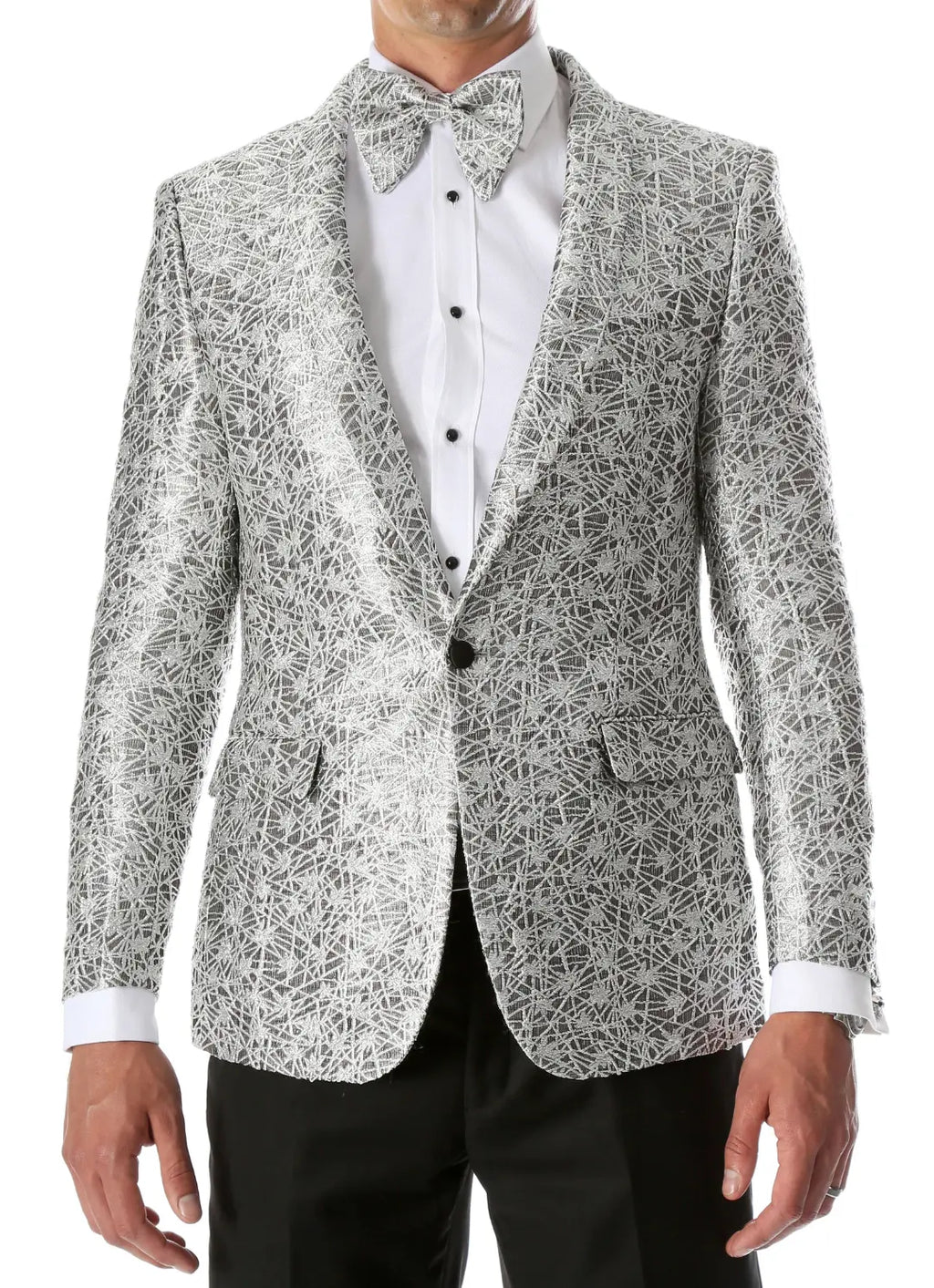 Men's Rene Abstract Silver Modern Fit Shawl Collar Tuxedo Blazer - Young Man’s Prom Wear FERRECCI