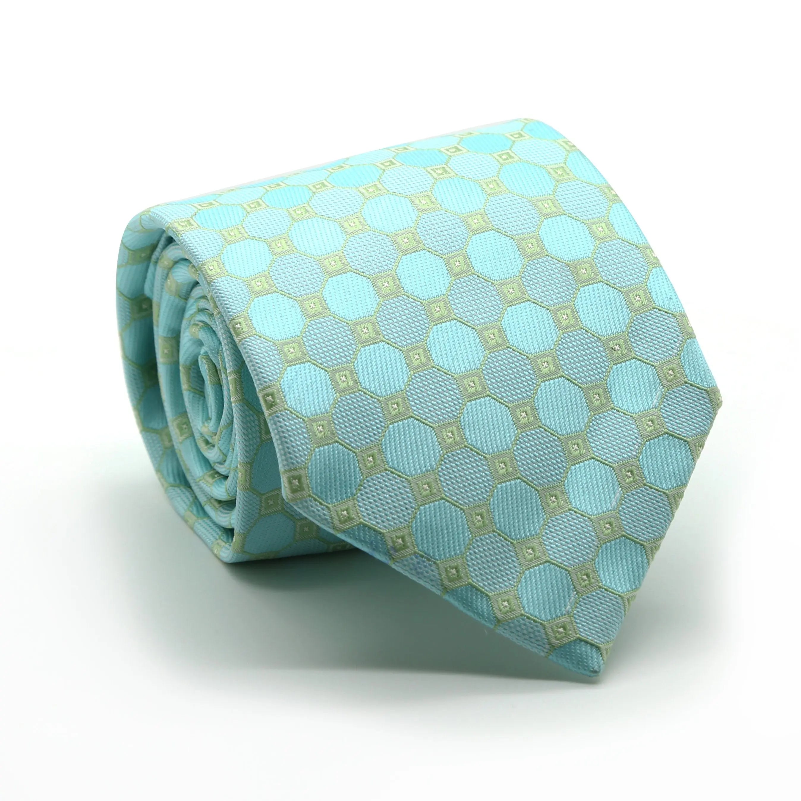 Mens Dads Classic Turquoise Geometric Pattern Business Casual Necktie & Hanky Set W-3 Ferrecci USA