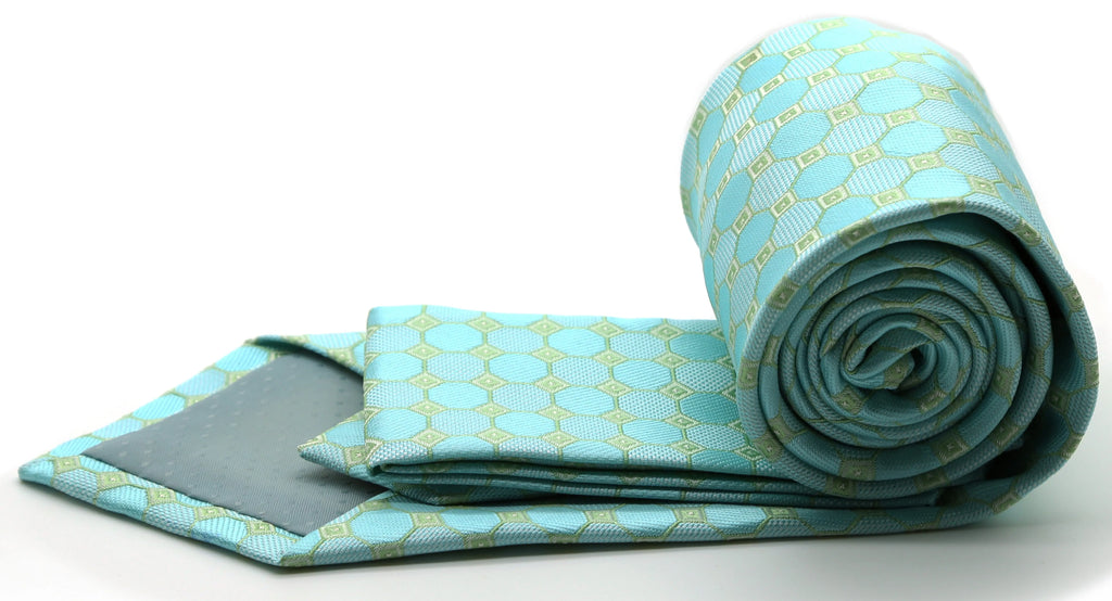 Mens Dads Classic Turquoise Geometric Pattern Business Casual Necktie & Hanky Set W-3 Ferrecci USA