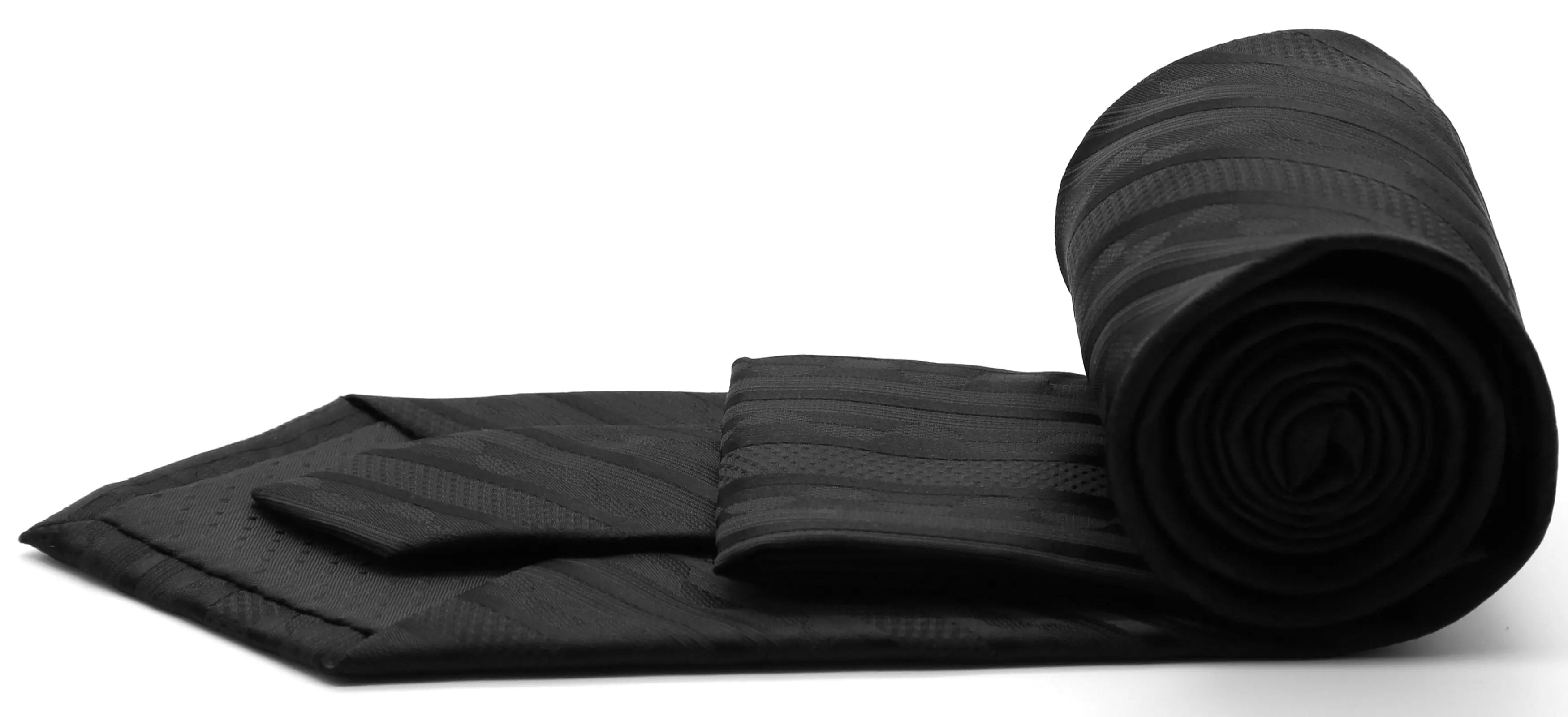 Mens Dads Classic Black Striped Pattern Business Casual Necktie & Hanky Set X-3 Ferrecci USA