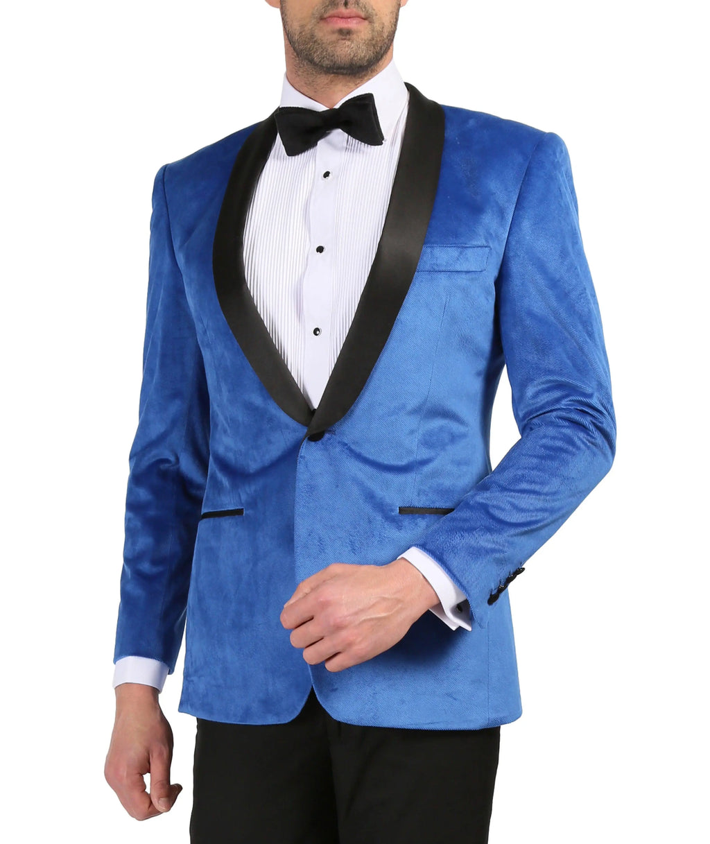 Enzo Royal Blue Slim Fit Velvet Shawl Tuxedo Blazer Ferrecci