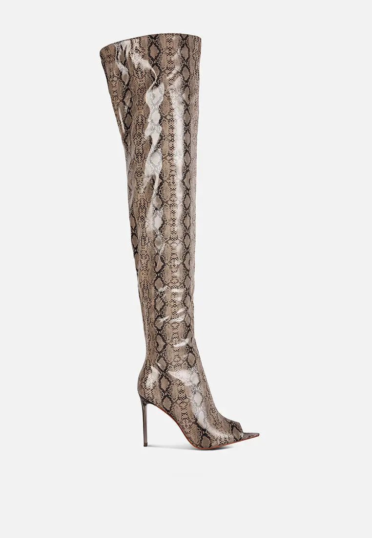 High Drama Snake Print Stiletto Long Boots London Rag
