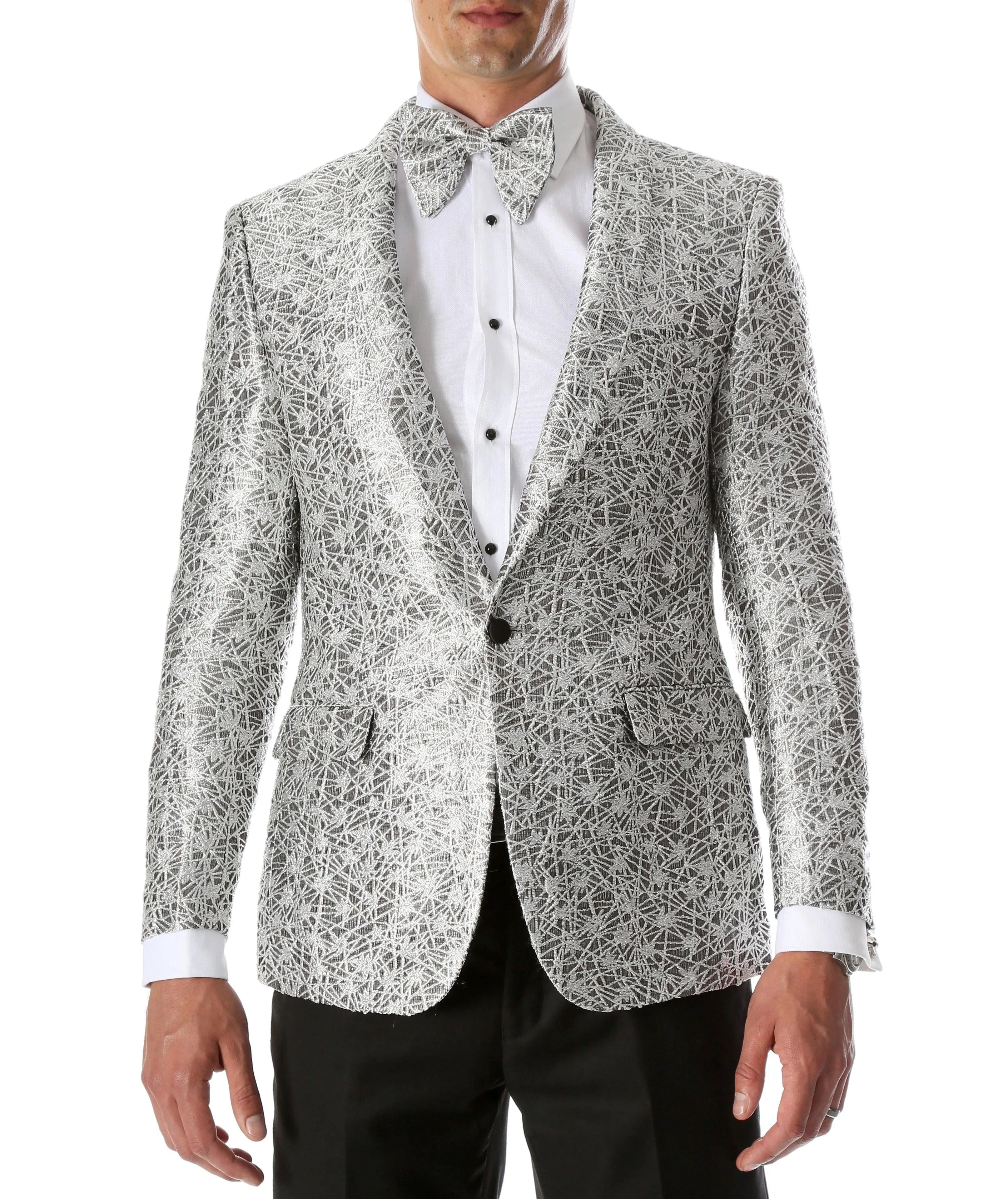 Men's Rene Abstract Silver Modern Fit Shawl Collar Tuxedo Blazer - Young Man’s Prom Wear FERRECCI