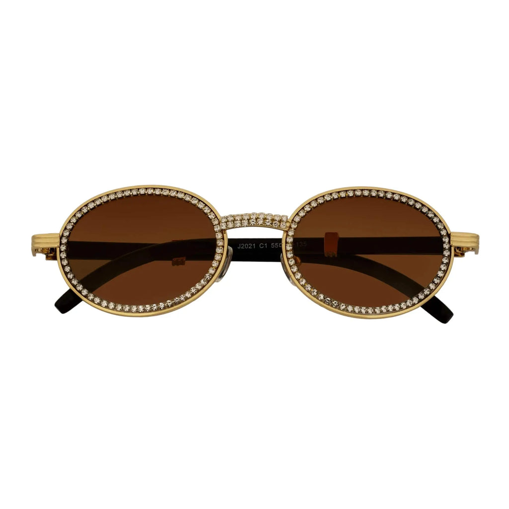 BLING ONE - Rhinestone Round Metal Oval Sunglasses Gold Amber Morspecs