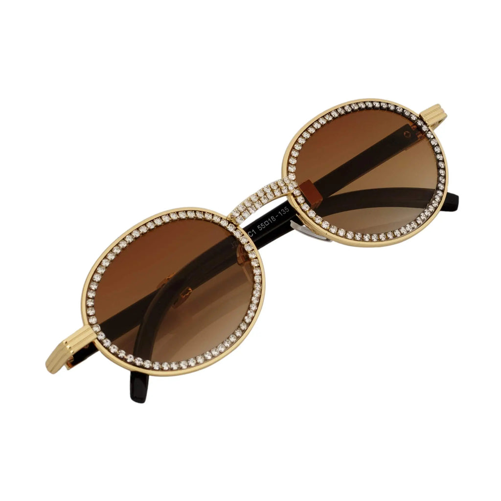 BLING ONE - Rhinestone Round Metal Oval Sunglasses Gold Amber Morspecs