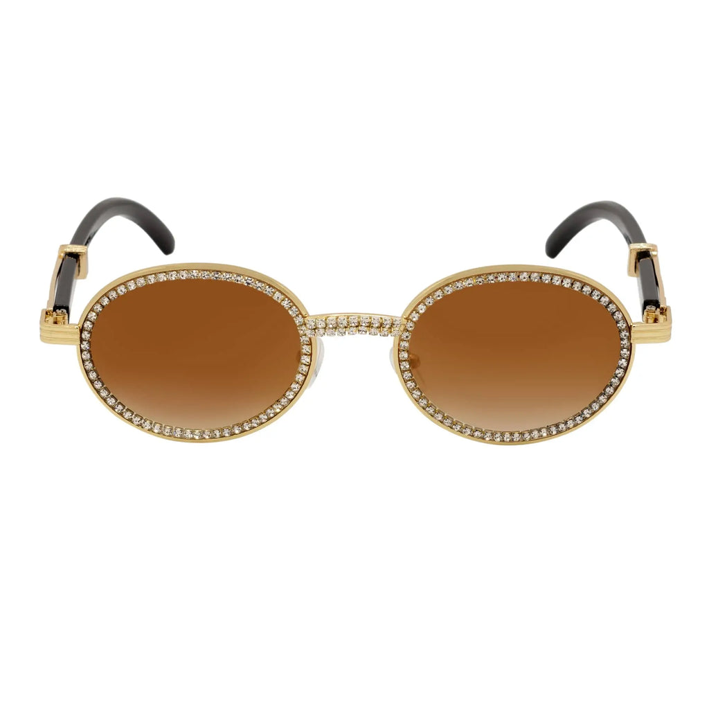 BLING ONE - Rhinestone Round Metal Oval Sunglasses Gold Amber Morspecs