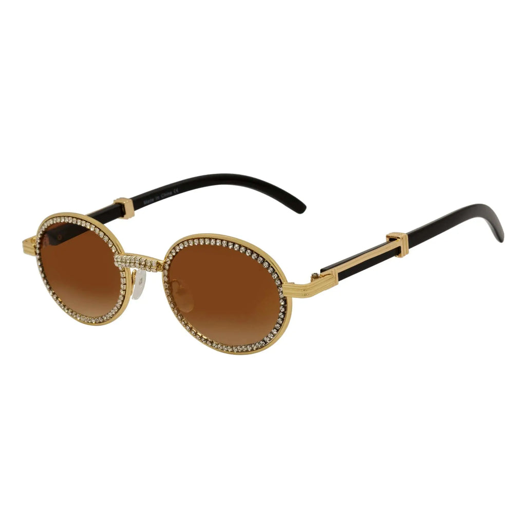 BLING ONE - Rhinestone Round Metal Oval Sunglasses Gold Amber Morspecs