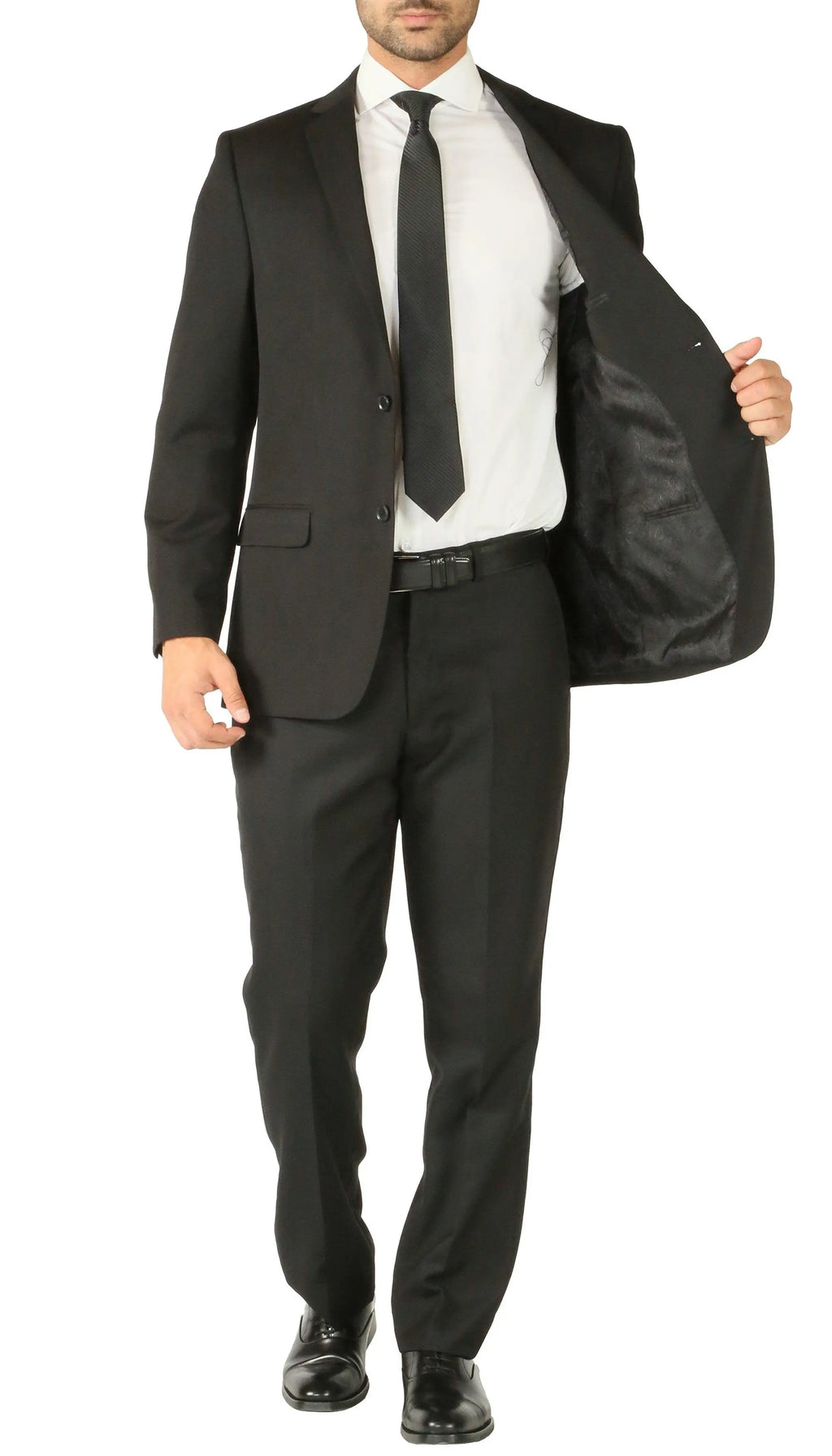 Rod Premium Black 2 Piece Wool Suit Stain Resistant Traveler Suit with 2 Pairs of Pants FERRECCI