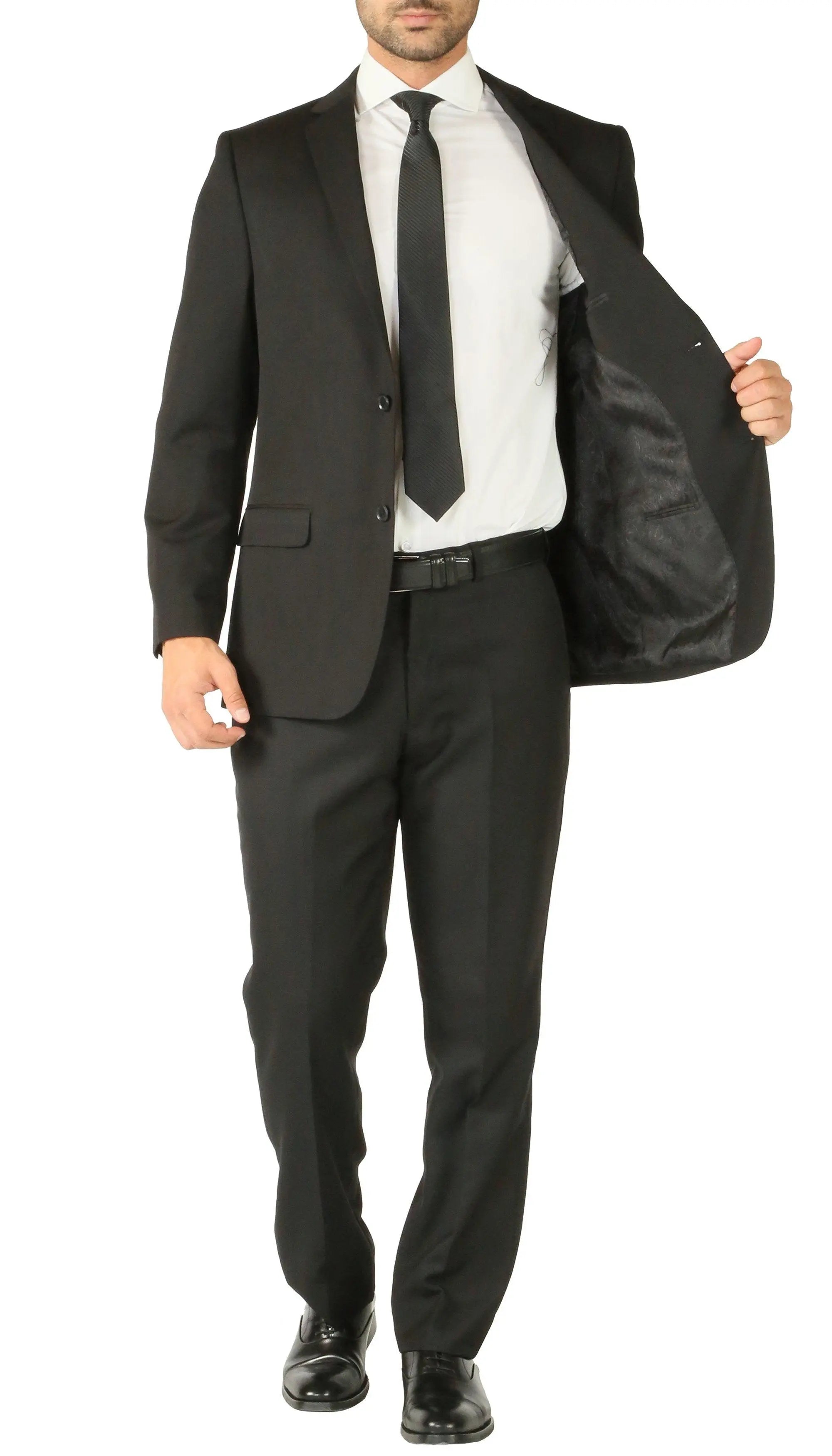 Rod Premium Black 2 Piece Wool Suit Stain Resistant Traveler Suit with 2 Pairs of Pants FERRECCI