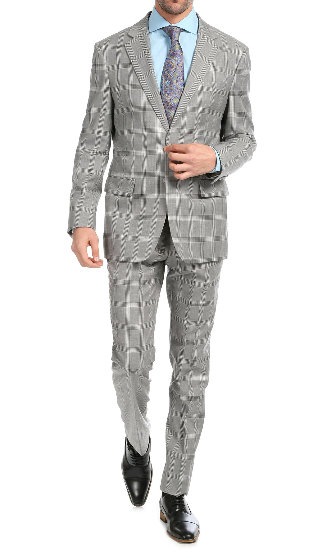 Yves Light Grey Plaid Check Men's Premium 2 Piece Wool Slim Fit Suit-0