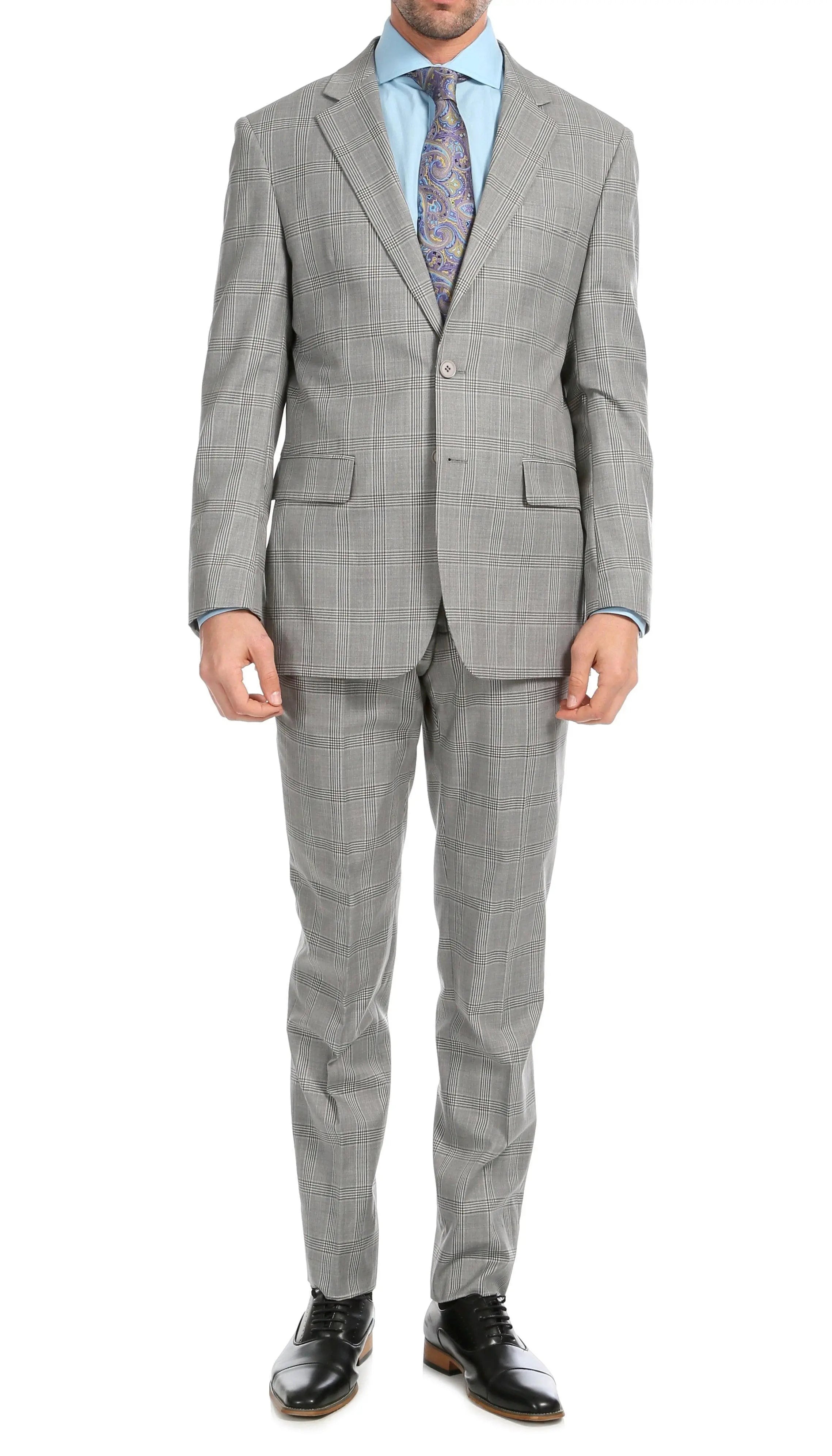 Yves Light Grey Plaid Check Men's Premium 2 Piece Wool Slim Fit Suit-1