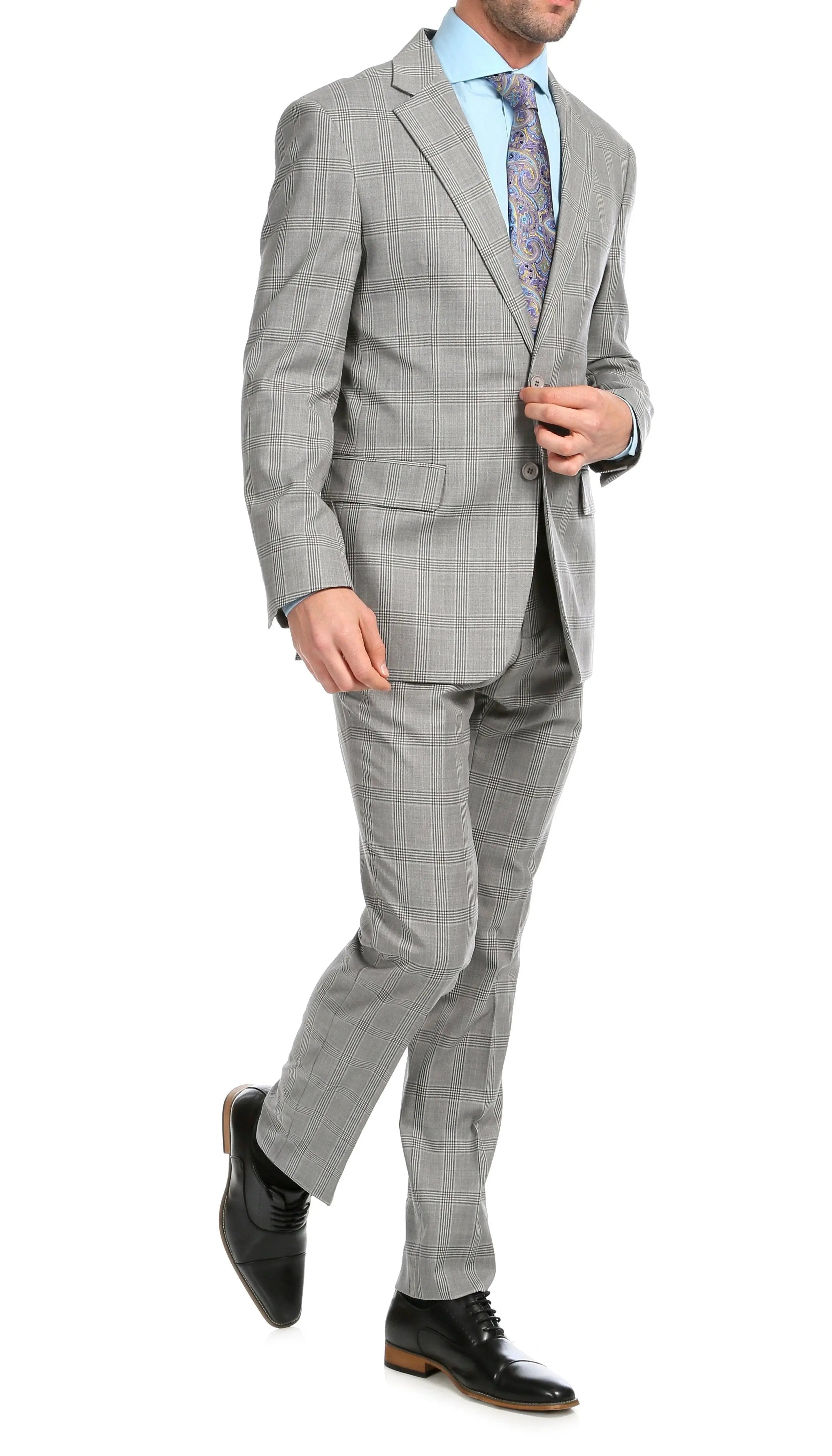 Yves Light Grey Plaid Check Men's Premium 2 Piece Wool Slim Fit Suit-2