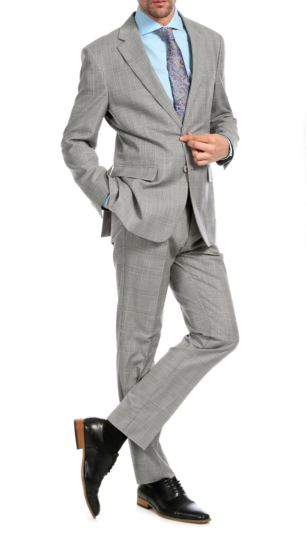 Yves Light Grey Plaid Check Men's Premium 2 Piece Wool Slim Fit Suit-3