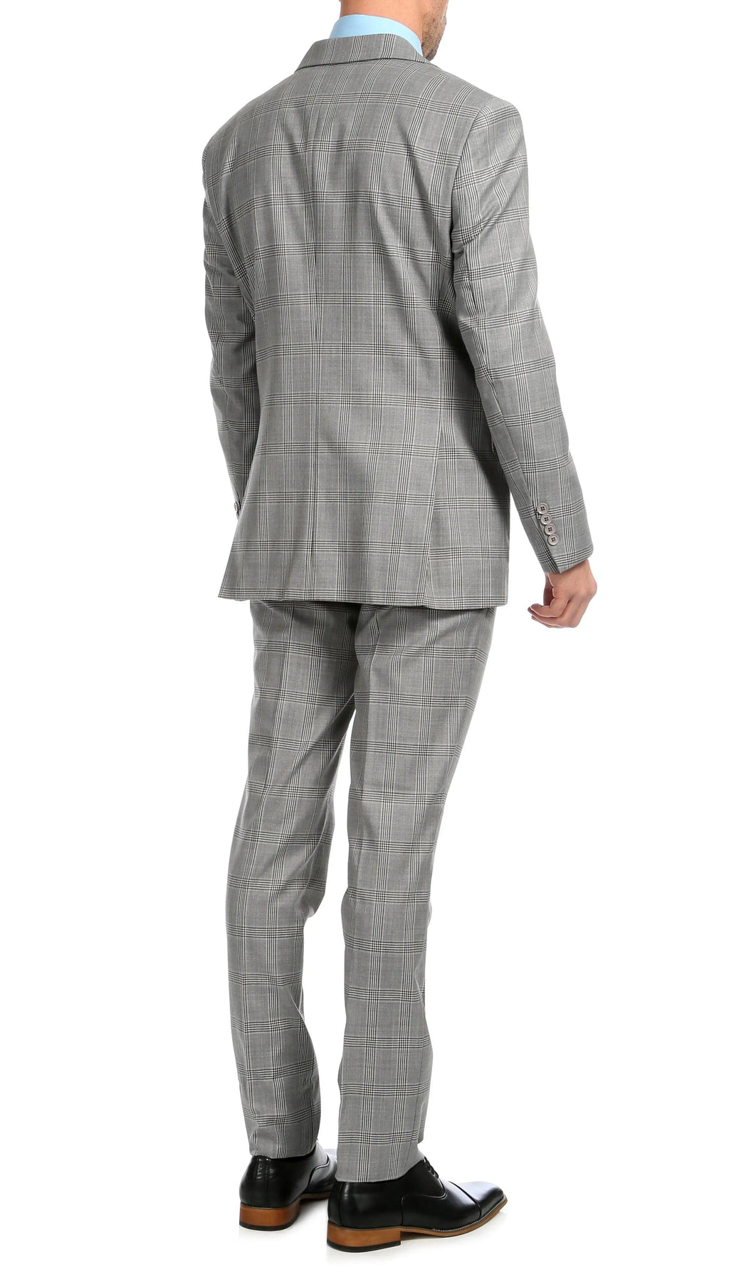 Yves Light Grey Plaid Check Men's Premium 2 Piece Wool Slim Fit Suit-4